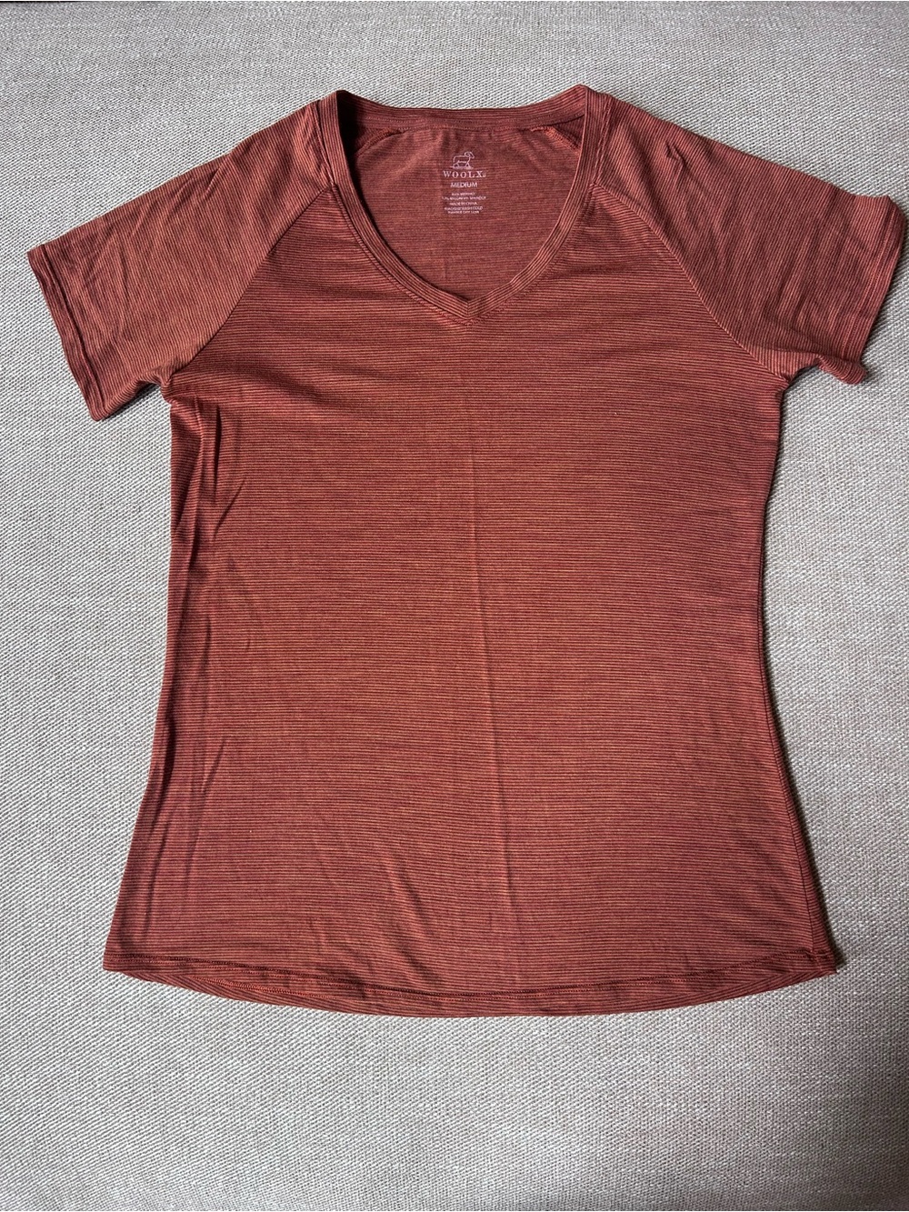 Woolx Orange Striped V-neck Merino Wool Tee Shirt Women’s Sz Medium